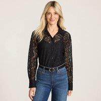 Lands' End Women's Cotton Rich Lacey Long Sleeve Shirt in Black | Size: 16