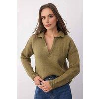 WOVCOR Women's Collared Soft Textured Knit Jumper in Khaki | Size: Medium