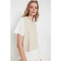 WOVCOR Women's Cable Knit Cropped Sweater Vest with Side Tie Detail in Stone | Size: Medium
