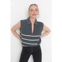 WOVCOR Women's Striped Zip Neck Knit Sweater Vest in Dark Grey | Size: Large