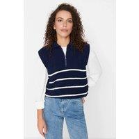WOVCOR Women's Striped Zip Neck Knit Sweater Vest in Navy | Size: Large