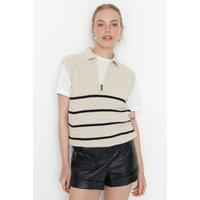WOVCOR Women's Striped Zip Neck Knit Sweater Vest in Beige | Size: Large