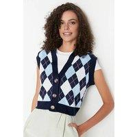 WOVCOR Women's Argyle Pattern Crop V-Neck Knit Vest in Navy | Size: Medium