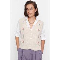WOVCOR Women's Embroidered Floral Knit Sweater Vest in Stone | Size: Medium