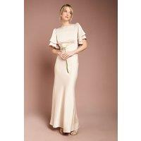 Coast Women's Honoured Satin Back Crepe High Neck Short Sleeve Maxi Bridesmaid Dress in Champagne | Size: 18