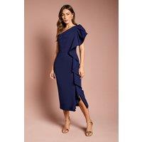 Coast Women's One Shoulder Ruffle Crepe Pencil Midi Dress in Navy | Size: 18