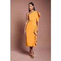 Coast Women's One Shoulder Ruffle Crepe Pencil Midi Dress in Orange | Size: 18