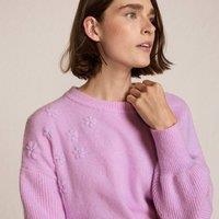 Lands' End Women's Petite Wool Touch Balloon Sleeve Sweater with Flowers on Shoulder in Lilac | Size: 10-12