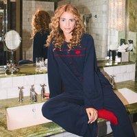 Lands' End Women's Lulu Guinness Smocked Jersey Pyjama Set in Navy | Size: 16-18