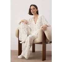 WOVCOR Women's 2-Piece Printed Woven Pajama Set in Ecru | Size: 8
