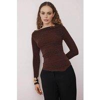 WOVCOR Women's Asymmetric Neck Glitter Knit Long Sleeve Top in Brown | Size: 8