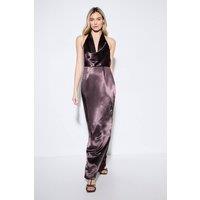 MissPap Women's Premium Plunge Cowl Open Back Satin Maxi Bridesmaid Dress in Plum | Size: 16