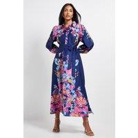 Wallis Women's Petite Floral Western Belted Midi Shirt Dress in Navy | Size: 14