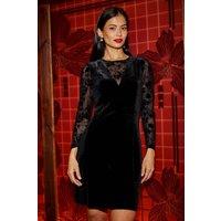 Yumi Women's Black Fitted Velvet Dress With Sheer Floral Sleeves | Size: 10