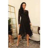 DOUBLE SECOND Women's Lace Long Sleeve Handkerchief Hem Midi Dress in Black | Size: 12