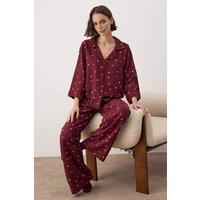 WOVCOR Women's 2-Piece Printed Woven Pajama Set in Burgundy | Size: 14