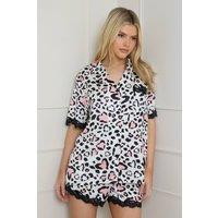 Oasis Women's Valentines Animal Heart Lace Trim Nightwear Satin Shorts Set | Size: Large