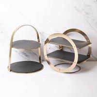 Artesa 2pc 2-Tier Brass & Slate Serving Stand Set in Charcoal