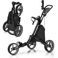 Costway 3 Wheel Golf Push Cart Folding Golf Bag Holder w/Storage Bag in Grey