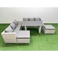 Fimous 8-seater Patio Rectangular Table Sofa Set with 2 Big Stools in Light Grey