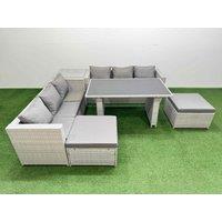 Fimous 8-seater Patio Rectangular Table Sofa Set with Side Table 2 Big Stools in Light Grey