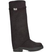 XY London Women's 'Amina' Chunky Low Heel Knee High Fold Over Boots in Jet Black | Size: 8