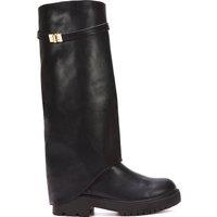 XY London Women's 'Amina' Chunky Low Heel Knee High Fold Over Boots in Black | Size: 7