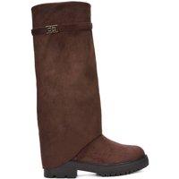 XY London Women's 'Amina' Chunky Low Heel Knee High Fold Over Boots in Brown | Size: 3