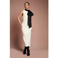 Coast Women's Lisa Tan Stretch Crepe Organza Pussybow Column Midi Dress in Cream | Size: 12