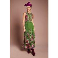 Coast Women's Lisa Tan Pleated Piped Bodice Printed Midi Dress in Green | Size: 8
