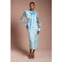 Coast Women's Embroidered Mesh Pussybow Midi Dress in Blue | Size: 8