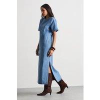 Warehouse Women's Denim Side Split Midi Dress in Mid Wash | Size: 8