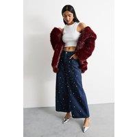 Warehouse Women's Hotfix Embellished High Waisted Wide Leg Denim Jean in Indigo | Size: 10