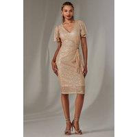 Jolie Moi Women's Side Tie Flare Sleeve Sequin Dress in Gold | Size: 16