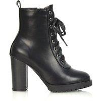 XY London Women's 'Ariel' Lace up High Block Heel Zip-up Biker Ankle Boots in Black | Size: 8