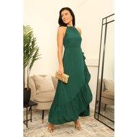 DOUBLE SECOND Women's Crepe Halter Neck Wrap Front Frill Maxi Dress in Green | Size: 10