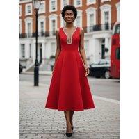 AVINCI Women's Red Embellished Deep V Flare Dress - Luxe Midi Edition | Size: 8