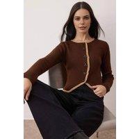 WOVCOR Women's Ribbed Knit Cardigan with Contrast Trim & Hook Closure in Brown | Size: Small