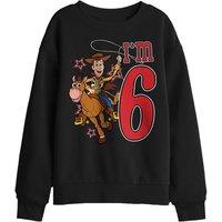 Disney Toy Story Birthday Woody I'M 6 Kids Sweatshirt, Black | Size: 12-13 Years
