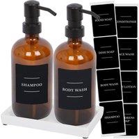 Harbour Housewares 2pc Glass Soap Dispenser Set with Ceramic Tray & Labels - 500ml - Black in Orange