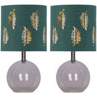First Choice Lighting Set of 2 Buck - Clear Glass Table Lamps with Dark Green Fern Shade