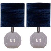 First Choice Lighting Set of 2 Buck - Clear Glass Table Lamps with Navy Blue Velvet Shade