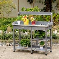 OUTSUNNY Garden Potting Table Workstation with Metal Tabletop, Drawer, Shelves in Grey