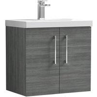 Balterley Contemporary Bathroom Wall Hung 2 Soft-Close Door Vanity Unit & Mid-Edge Ceramic Basin, Anthracite Woodgrain, 600 mm in Grey