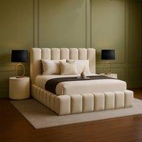 Desire Deco Plush Velvet Upholstered Daisy Ottoman Storage Bed Frame with Lift-Up in Light Beige | Size: Single