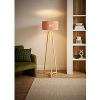 ValueLights Lottie Tripod Wood Floor Lamp with Orange Check Bamboo Shade & Bulb