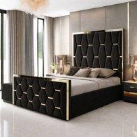 PARADISE BEDS LTD Upholstered Modern Platform Bed Frame With Mirror Designed Headboard in Black | Size: Double