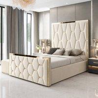 PARADISE BEDS LTD Upholstered Modern Platform Bed Frame With Mirror Designed Headboard in Cream | Size: Double
