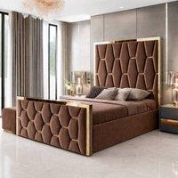 PARADISE BEDS LTD Upholstered Modern Platform Bed Frame With Mirror Designed Headboard in Brown | Size: Double