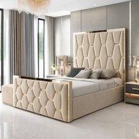 PARADISE BEDS LTD Upholstered Modern Platform Bed Frame With Mirror Designed Headboard in Beige | Size: Double
